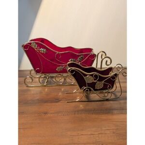 Set of 2 Red Sleighs with Gold Scroll Christmas Mantle Vtg Style Sleigh Holiday